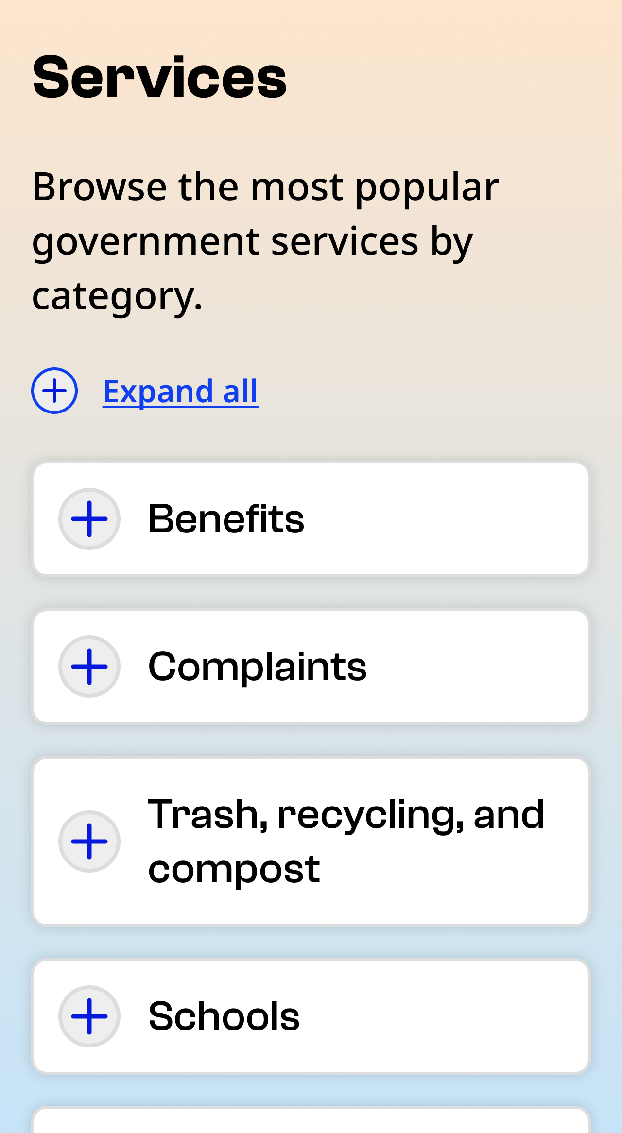 Services, Browse the most popular government services by category – Expand all, followed by collapsed accordions for Benefits, Complaints, Schools